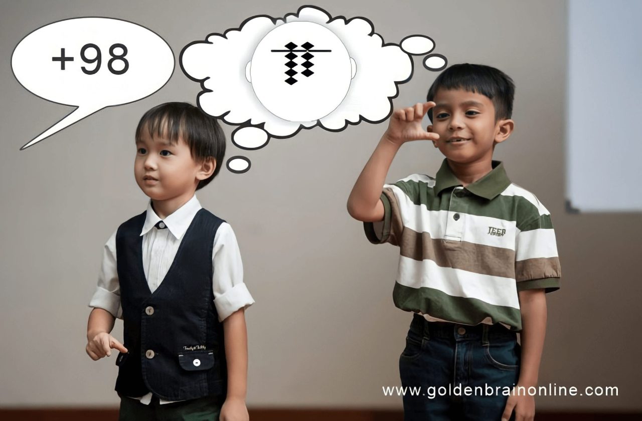 A young child using an imaginary abacus to perform mental math exercises, symbolizing